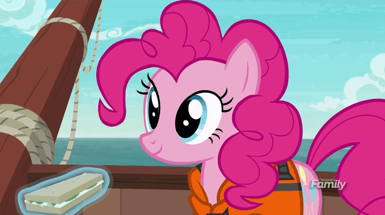 Size: 749x419 | Tagged: safe, screencap, character:pinkie pie, species:pony, episode:p.p.o.v. (pony point of view), g4, my little pony: friendship is magic, animated, cucumber sandwiches, discovery family logo, eating, force feeding, gif, lifejacket, loop, solo, swallowing
