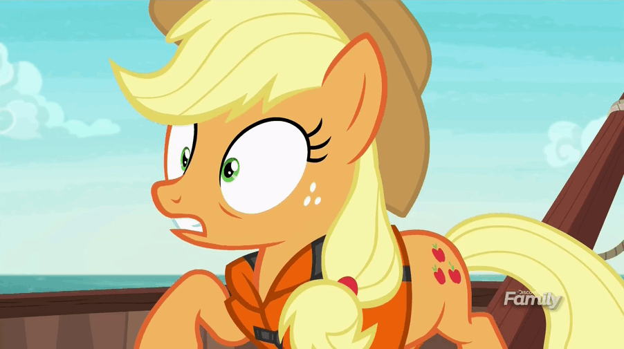 Size: 902x505 | Tagged: safe, screencap, character:applejack, species:pony, episode:p.p.o.v. (pony point of view), g4, my little pony: friendship is magic, animated, discovery family logo, gif, lifejacket, loop, silly, silly pony, solo, who's a silly pony