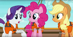 Size: 1920x975 | Tagged: safe, screencap, character:applejack, character:pinkie pie, character:rarity, species:pony, episode:p.p.o.v. (pony point of view), g4, my little pony: friendship is magic, anakin skywalker, crossover, lifejacket, meme, star wars, youtube caption