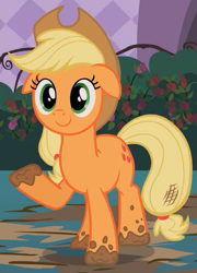 Size: 466x647 | Tagged: safe, screencap, character:applejack, species:earth pony, species:pony, episode:sweet and elite, g4, my little pony: friendship is magic, female, floppy ears, garden party, mare, mud, smiling, solo