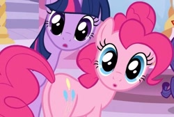 Size: 493x332 | Tagged: safe, screencap, character:pinkie pie, character:twilight sparkle, species:pony, episode:suited for success, g4, my little pony: friendship is magic, :o, cropped, female, mare, plot