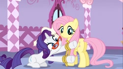 Size: 1100x618 | Tagged: safe, screencap, character:fluttershy, character:rarity, species:pony, episode:suited for success, g4, my little pony: friendship is magic, female, mare, measuring tape, plot