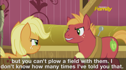 Size: 2563x1435 | Tagged: safe, screencap, character:applejack, character:big mcintosh, species:earth pony, species:pony, episode:where the apple lies, g4, my little pony: friendship is magic, discovery family logo, female, male, mare, plot, preview, stallion, subtitles, teenage applejack, teenage big macintosh, trailer, younger