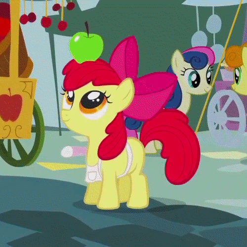 Size: 500x500 | Tagged: safe, screencap, character:apple bloom, character:bon bon, character:carrot top, character:golden harvest, character:sweetie drops, species:pony, episode:call of the cutie, g4, my little pony: friendship is magic, animated, apple, food, gif