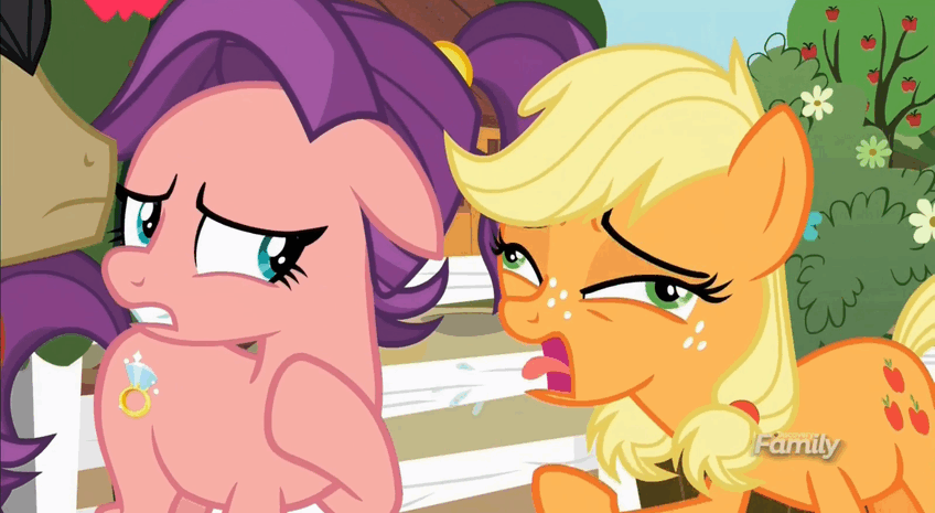 Size: 848x465 | Tagged: safe, screencap, character:applejack, character:spoiled rich, species:pony, ship:spoilthy, episode:where the apple lies, g4, my little pony: friendship is magic, animated, cough, derp, discovery family logo, gif, loop, silly, silly pony, spoiled milk, teenage applejack, who's a silly pony