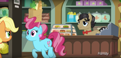 Size: 1360x656 | Tagged: safe, screencap, character:applejack, character:cup cake, character:filthy rich, species:pony, episode:where the apple lies, g4, my little pony: friendship is magic, bow tie, hair hold, missing accessory, paper bag, prehensile mane, teenage applejack