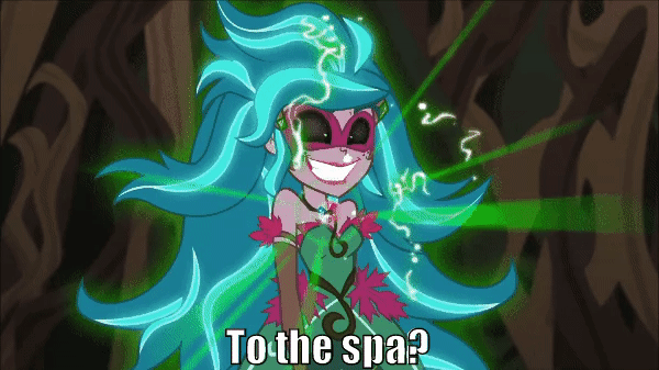 Size: 600x337 | Tagged: safe, screencap, character:gloriosa daisy, equestria girls:legend of everfree, g4, my little pony:equestria girls, animated, berserk button, context is for the weak, faec, gaea everfree, gif, glorio-spa daisy, gloriosa doesn't like spas, magical geodes, meme, solo, spa, text, triggered