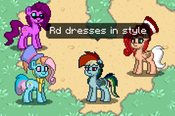 Size: 357x237 | Tagged: safe, screencap, character:fluttershy, character:pinkie pie, character:rainbow dash, character:rainbow dash (g3), species:pony, pony town, g3, clothing, elements of insanity, fluttershout, hat, pinkis cupcake, rainbine, rainbine ears, rainbow dash always dresses in style, rainbow dash is not amused, scarf, unamused