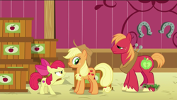 Size: 1920x1080 | Tagged: safe, screencap, character:apple bloom, character:applejack, character:big mcintosh, species:earth pony, species:pony, episode:where the apple lies, g4, my little pony: friendship is magic, cutie mark, discovery family logo, female, filly, liar face, liarjack, male, scrunchy face, stallion, the cmc's cutie marks