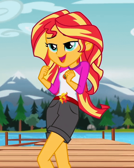 Size: 428x535 | Tagged: safe, screencap, character:sunset shimmer, equestria girls:legend of everfree, g4, my little pony:equestria girls, animated, camp everfree outfits, clothing, cropped, cute, embrace the magic, female, gif, lake, mountain, mountain range, out of context, outdoors, pier, reversed, scenery, sexy, shimmerbetes, shimmy, shorts, singing, solo, sunset shimmy