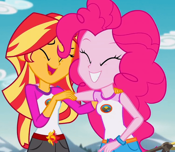 Size: 565x491 | Tagged: safe, screencap, character:pinkie pie, character:sunset shimmer, equestria girls:legend of everfree, g4, my little pony:equestria girls, animated, cropped, cute, diapinkes, gif, shimmerbetes
