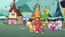 Size: 1920x1080 | Tagged: safe, screencap, character:applejack, character:big mcintosh, character:cheerilee, character:sassaflash, character:stella nova, character:sunshower raindrops, species:earth pony, species:pony, species:unicorn, episode:where the apple lies, g4, my little pony: friendship is magic, 80s, 80s cheerilee, background pony, eyes on the prize, male, stallion, teenage applejack, teenage big macintosh