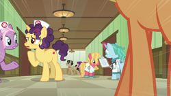 Size: 1920x1080 | Tagged: safe, screencap, character:applejack, character:filthy rich, character:lolli love, character:nurse heartstick, character:spoiled rich, species:earth pony, species:pegasus, species:pony, species:unicorn, ship:spoilthy, episode:where the apple lies, g4, my little pony: friendship is magic, background pony, bandage, clothing, doctor, female, filly, hospital, hospital gown, injured, magic, male, mare, nurse, ponyville hospital, slippers, spoiled milk, stallion, stethoscope, sunset dawn, teenage applejack, unnamed character, unnamed pony