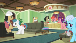 Size: 1920x1080 | Tagged: safe, screencap, character:filthy rich, character:screw loose, character:spoiled rich, species:earth pony, species:pony, ship:spoilthy, episode:where the apple lies, g4, my little pony: friendship is magic, bandage, black eye, caligula (character), crutches, female, injured, literal butthurt, little boot, male, mare, peachy plume, plot, ponyville hospital, receptionist, sling, spoiled milk, stallion, the ass was fat