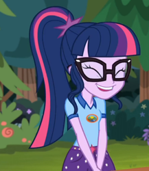 Size: 524x604 | Tagged: safe, screencap, character:twilight sparkle, character:twilight sparkle (scitwi), species:eqg human, equestria girls:legend of everfree, g4, my little pony:equestria girls, ^^, clothing, cropped, cute, eyes closed, giggling, glasses, ponytail, solo, twiabetes