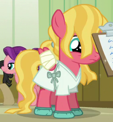 Size: 288x312 | Tagged: safe, screencap, character:filthy rich, character:spoiled rich, species:pony, ship:spoilthy, episode:where the apple lies, g4, my little pony: friendship is magic, bandage, clipboard, filly, hospital gown, injured, spoiled milk, sunset dawn
