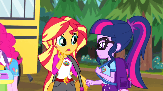 Size: 640x360 | Tagged: safe, screencap, character:pinkie pie, character:sunset shimmer, character:twilight sparkle, character:twilight sparkle (scitwi), species:eqg human, equestria girls:legend of everfree, g4, my little pony:equestria girls, animated, gif, hand on shoulder, talking