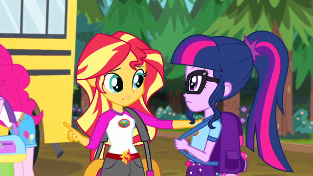 Size: 640x360 | Tagged: safe, screencap, character:pinkie pie, character:sunset shimmer, character:twilight sparkle, character:twilight sparkle (scitwi), species:eqg human, equestria girls:legend of everfree, g4, my little pony:equestria girls, animated, gif, hand on shoulder