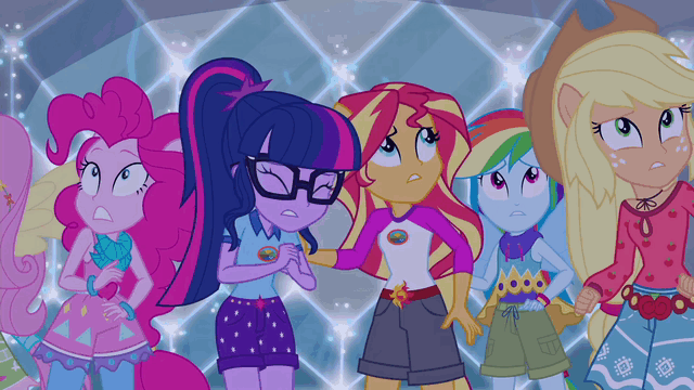 Size: 640x360 | Tagged: safe, screencap, character:applejack, character:fluttershy, character:pinkie pie, character:rainbow dash, character:sunset shimmer, character:twilight sparkle, character:twilight sparkle (scitwi), species:eqg human, equestria girls:legend of everfree, g4, my little pony:equestria girls, animated, camp fashion show outfit, force field, gif, ponied up