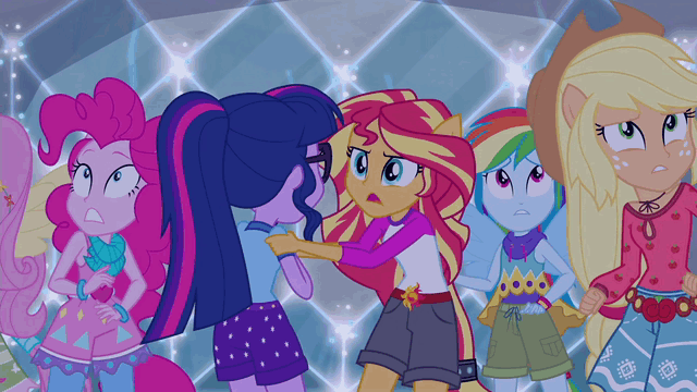 Size: 640x360 | Tagged: safe, screencap, character:applejack, character:fluttershy, character:pinkie pie, character:rainbow dash, character:sunset shimmer, character:twilight sparkle, character:twilight sparkle (scitwi), species:eqg human, equestria girls:legend of everfree, g4, my little pony:equestria girls, animated, camp fashion show outfit, gif, ponied up