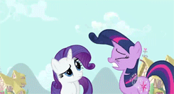 Size: 245x133 | Tagged: safe, screencap, character:rarity, character:spike, character:twilight sparkle, episode:the cutie pox, g4, my little pony: friendship is magic, alternate hairstyle, animated, hairstyle, heart eyes, hub logo, mane, rarity hair, wingding eyes