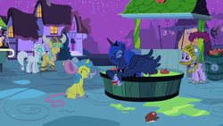 Size: 1280x720 | Tagged: safe, screencap, character:lemon hearts, character:lyra heartstrings, character:princess luna, character:sea swirl, character:sunshower raindrops, species:alicorn, species:earth pony, species:pegasus, species:pony, species:unicorn, episode:luna eclipsed, g4, my little pony: friendship is magic, apple, background pony, clothing, costume, ethereal mane, eyes closed, fake ears, female, food, galaxy mane, helmet, horned helmet, knight, laughing, mare, morning star, mouse costume, mummy, night, nightmare night, nightmare night costume, plume, ponyville, viking helmet