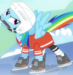 Size: 417x431 | Tagged: safe, screencap, character:rainbow dash, species:pegasus, species:pony, episode:tanks for the memories, g4, my little pony: friendship is magic, cropped, female, helmet, hockey, hockey helmet, hockey stick, ice hockey, ice skates, mare, outfit catalog, siki, solo