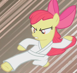 Size: 599x568 | Tagged: safe, screencap, character:apple bloom, species:pony, episode:call of the cutie, g4, my little pony: friendship is magic, clothing, gi, karate, kick, martial arts, outfit catalog, robe, solo, trousers, white belt