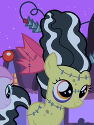 Size: 414x549 | Tagged: safe, screencap, character:apple bloom, species:pony, episode:luna eclipsed, g4, my little pony: friendship is magic, bride of frankenstein, clothing, costume, frankenstein's monster, monster mare, nightmare night, outfit catalog, solo, stitches