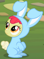 Size: 233x314 | Tagged: safe, screencap, character:apple bloom, species:earth pony, species:pony, episode:family appreciation day, g4, my little pony: friendship is magic, bunny costume, clothing, cropped, female, filly, looking up, outfit catalog, sitting up, solo
