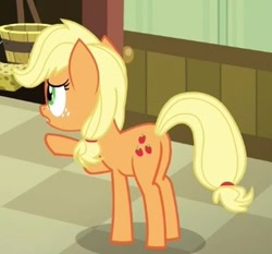 Size: 317x296 | Tagged: safe, screencap, character:applejack, species:earth pony, species:pony, episode:where the apple lies, g4, my little pony: friendship is magic, cropped, female, plot, raised hoof, solo, teenage applejack, teenager