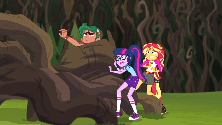 Size: 853x480 | Tagged: safe, screencap, character:sunset shimmer, character:timber spruce, character:twilight sparkle, character:twilight sparkle (scitwi), species:eqg human, equestria girls:legend of everfree, g4, my little pony:equestria girls, animated, clothing, coils, converse, gif, shoes, sneakers, this will end in pain