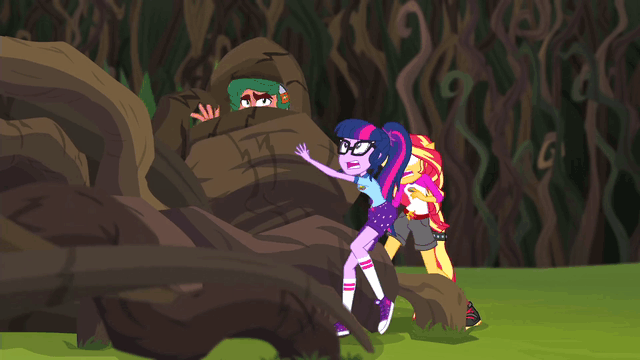 Size: 640x360 | Tagged: safe, screencap, character:sunset shimmer, character:timber spruce, character:twilight sparkle, character:twilight sparkle (scitwi), species:eqg human, equestria girls:legend of everfree, g4, my little pony:equestria girls, animated, clothing, coils, converse, gif, shoes, sneakers