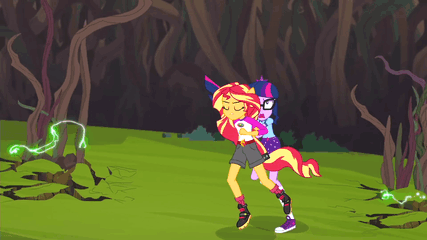Size: 427x240 | Tagged: safe, screencap, character:sunset shimmer, character:twilight sparkle, character:twilight sparkle (scitwi), species:eqg human, equestria girls:legend of everfree, g4, my little pony:equestria girls, animated, clothing, converse, gif, ponied up, shoes, sneakers