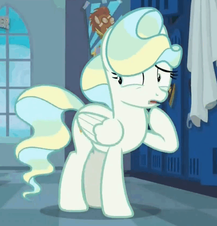 Size: 436x454 | Tagged: safe, screencap, character:vapor trail, species:pegasus, species:pony, episode:top bolt, g4, my little pony: friendship is magic, animated, cute, facehoof, female, folded wings, gif, locker room, mare, oops, raised hoof, shifty eyes, shrunken pupils, solo, talking, vaporbetes