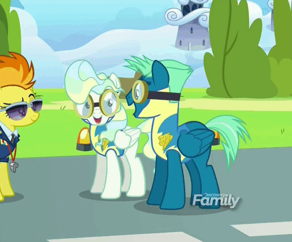 Size: 596x493 | Tagged: safe, screencap, character:sky stinger, character:spitfire, character:vapor trail, species:pegasus, species:pony, episode:top bolt, g4, my little pony: friendship is magic, amused, animated, best friends, bipedal, captain of the wonderbolts, cuddling, cute, discovery family logo, female, gif, glomp, goggles, male, mare, nose in the air, raised eyebrow, shipping fuel, smiling, smirk, snuggling, stallion, vaporbetes, wonderbolt trainee uniform, wonderbolts dress uniform