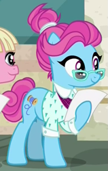 Size: 375x589 | Tagged: safe, screencap, character:bleeding heart, character:blue bobbin, species:pony, episode:the saddle row review, g4, my little pony: friendship is magic, betsey trotson, paper, smiling, solo focus