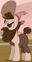 Size: 424x810 | Tagged: safe, screencap, species:earth pony, species:pony, episode:the hooffields and mccolts, g4, my little pony: friendship is magic, angry, beard, clothing, cropped, facial hair, hat, male, mccolt family, moustache, piles mccolt, sepia, solo, stallion
