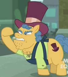 Size: 435x492 | Tagged: safe, screencap, species:earth pony, species:pony, episode:made in manehattan, g4, my little pony: friendship is magic, angry, chest hair, clothing, cropped, hat, male, solo, stallion, stinky bottom, street merchant