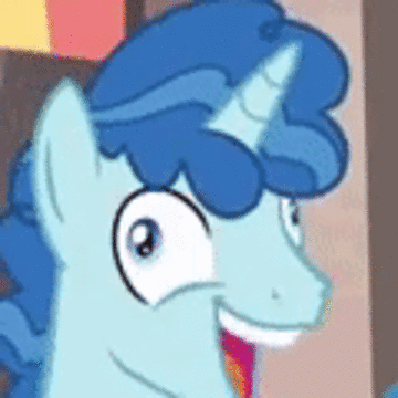 Size: 360x360 | Tagged: safe, screencap, character:party favor, species:pony, episode:to where and back again, g4, my little pony: friendship is magic, animated, cropped, derp, faec, gif, i didn't listen, laughing, open mouth, solo, wide eyes