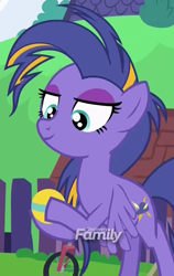 Size: 650x1030 | Tagged: safe, screencap, character:thunderstruck, species:pony, episode:top bolt, g4, my little pony: friendship is magic, ball, discovery family logo, eyeshadow, makeup, sister, solo