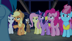 Size: 1920x1090 | Tagged: safe, screencap, character:applejack, character:cheerilee, character:cherry berry, character:cup cake, character:fluttershy, character:mochaccino, character:pinkie pie, character:rainbow dash, character:rare find, character:rarity, character:twilight sparkle, character:twilight sparkle (alicorn), species:alicorn, species:earth pony, species:pegasus, species:pony, species:unicorn, episode:28 pranks later, g4, my little pony: friendship is magic, female, lidded eyes, male, mane six, mare, smug, stallion