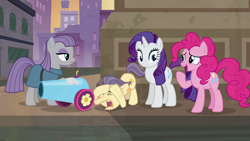 Size: 1920x1080 | Tagged: safe, screencap, character:maud pie, character:pinkie pie, character:rarity, character:street rat, species:pony, episode:the gift of the maud pie, g4, my little pony: friendship is magic, manehattan, party cannon, street