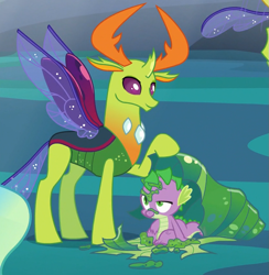 Size: 829x851 | Tagged: safe, screencap, character:spike, character:thorax, species:changeling, species:dragon, species:reformed changeling, episode:to where and back again, g4, my little pony: friendship is magic, changeling king, changeling slime, cocoon, cropped, duo, male, smiling, wet