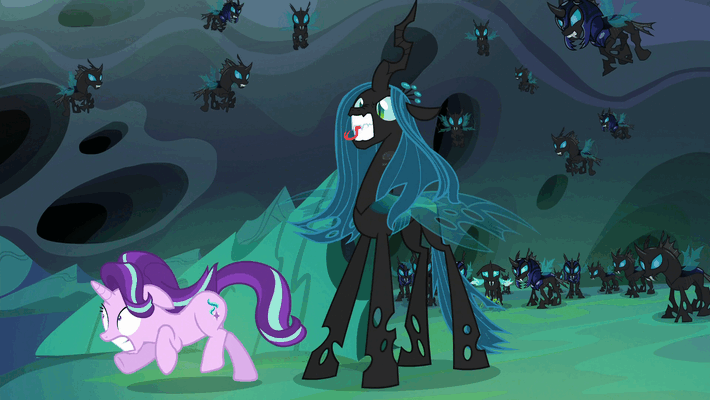 Size: 710x400 | Tagged: safe, screencap, character:queen chrysalis, character:starlight glimmer, character:thorax, species:changeling, episode:to where and back again, g4, my little pony: friendship is magic, animated, changeling guard, changeling queen, female, gif, glimmerbuse, throwing, violence, you know for kids