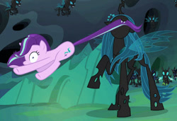 Size: 479x328 | Tagged: safe, screencap, character:queen chrysalis, character:starlight glimmer, character:thorax, species:changeling, species:pony, species:unicorn, episode:to where and back again, g4, my little pony: friendship is magic, changeling guard, changeling queen, female, mare, nom, nose in the air, raised hoof, shrunken pupils, smiling, tail, tail bite, tail pull, this will end in pain, throwing, wide eyes