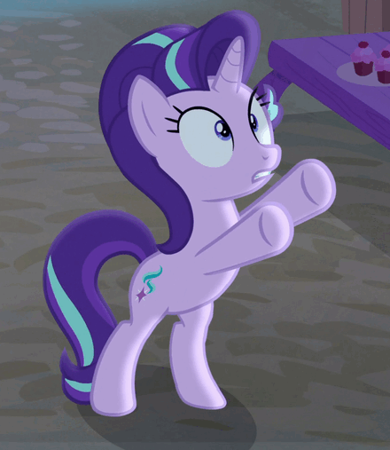 Size: 440x507 | Tagged: safe, screencap, character:starlight glimmer, species:pony, species:unicorn, episode:to where and back again, g4, my little pony: friendship is magic, animated, bipedal, cute, female, gif, glimmerbetes, hoofy-kicks, hooves, loop, mare, open mouth, solo, underhoof, upsies
