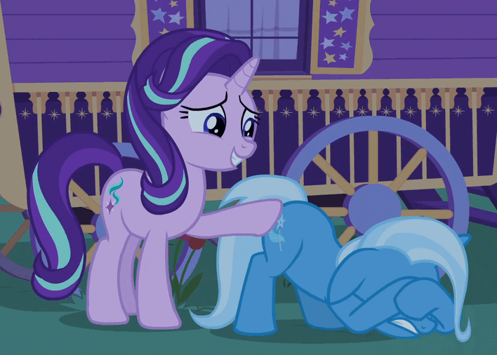 Size: 708x506 | Tagged: safe, screencap, character:starlight glimmer, character:trixie, species:pony, species:unicorn, episode:to where and back again, g4, my little pony: friendship is magic, animated, butt touch, comforting, covering eyes, covering face, face down ass up, female, frightened, gif, grin, hoof on butt, loop, mare, open mouth, patting, scared, shaking, shivering, smiling