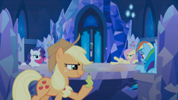 Size: 1241x699 | Tagged: safe, screencap, character:applejack, character:fluttershy, character:pinkie pie, character:rainbow dash, character:rarity, character:starlight glimmer, character:trixie, species:changeling, species:pony, species:unicorn, episode:to where and back again, g4, my little pony: friendship is magic, disguise, disguised changeling, dishonorapple, fake applejack, fake fluttershy, fake pinkie, fake rainbow dash, fake rarity, female, food, fruit heresy, heresy, mare, pear, pearjack, traitor