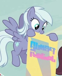 Size: 308x378 | Tagged: safe, screencap, character:dusk drift, species:pegasus, species:pony, episode:to where and back again, g4, my little pony: friendship is magic, background pony, cropped, female, flying, mare, mouth hold, solo, written equestrian